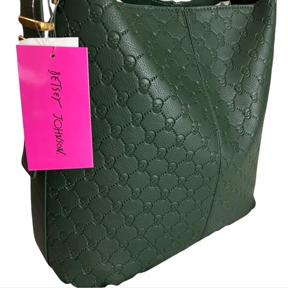 BETSEY JOHNSON MILITARY GREEN & GOLD BUCKLES SKULL SHOULDER TOTE PURSE NWT - Picture 4 of 15